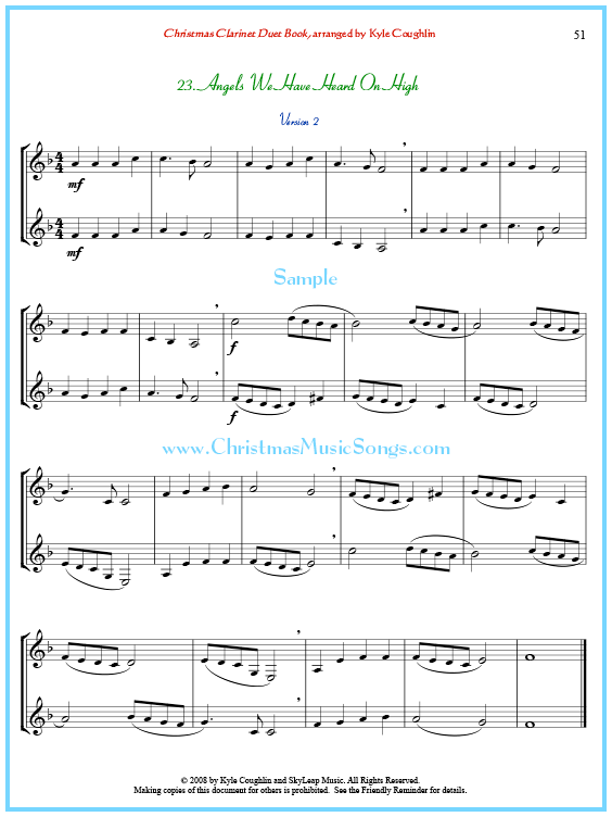Angels We Have Heard On High clarinet duet sheet music, with alternating melody lines.