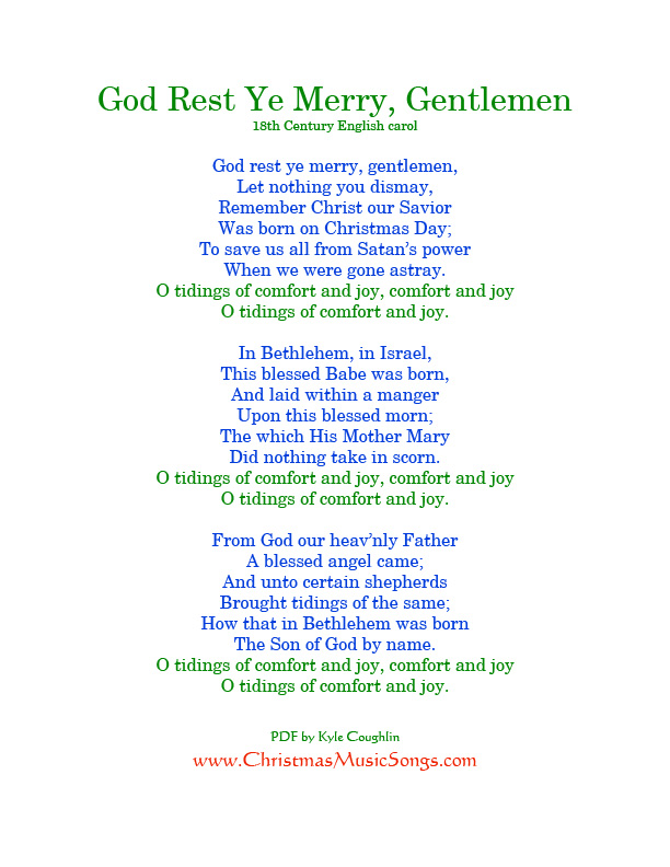 Printable PDF of God Rest Ye Merry Gentlemen lyrics