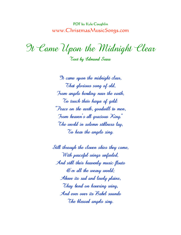 Printable PDF of It Came Upon the Midnight Clear lyrics