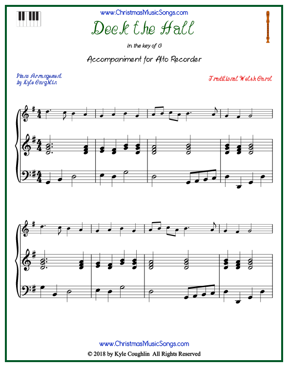 Deck the Halls piano accompaniment to play along with the alto recorder arrangement on www.ChristmasMusicSongs.com. Free printable PDF.