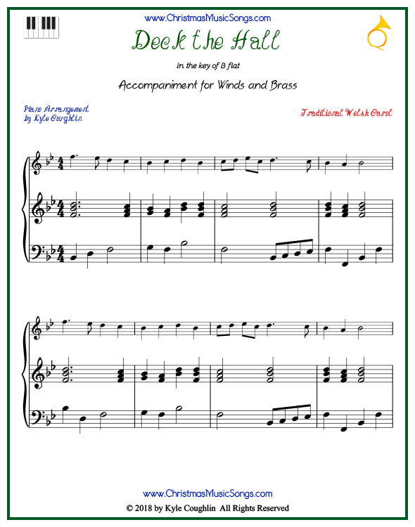Deck the Halls piano accompaniment to play along with all wind and brass arrangements on www.ChristmasMusicSongs.com. Free printable PDF.