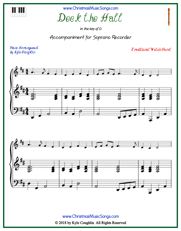 Deck the Halls piano accompaniment to play along with the soprano recorder arrangement on www.ChristmasMusicSongs.com. Free printable PDF.