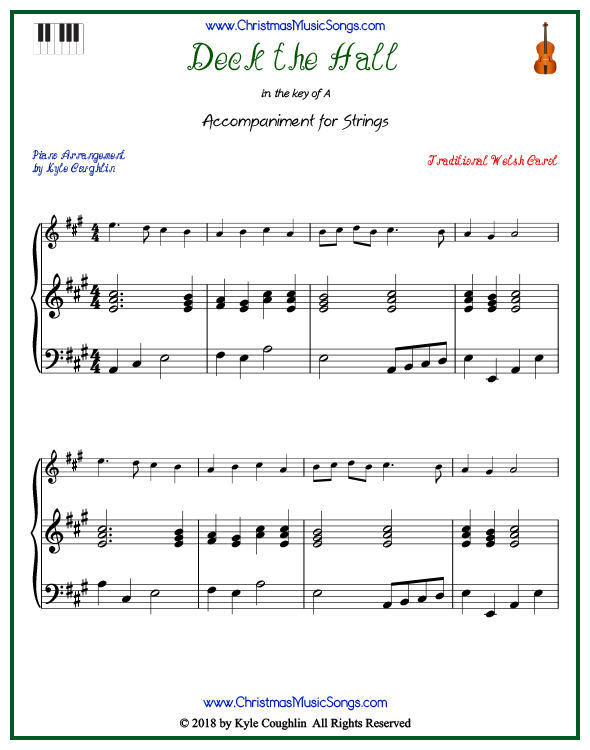 Deck the Halls piano accompaniment to play along with all string and soprano recorder arrangements on www.ChristmasMusicSongs.com. Free printable PDF.