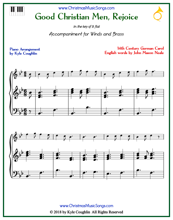 Good Christian Men, Rejoice piano accompaniment to play along with all wind and brass arrangements on www.ChristmasMusicSongs.com. Free printable PDF.