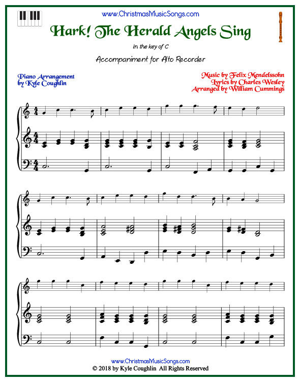 Hark! The Herald Angels Sing piano accompaniment to play along with the alto recorder arrangement on www.ChristmasMusicSongs.com. Free printable PDF.