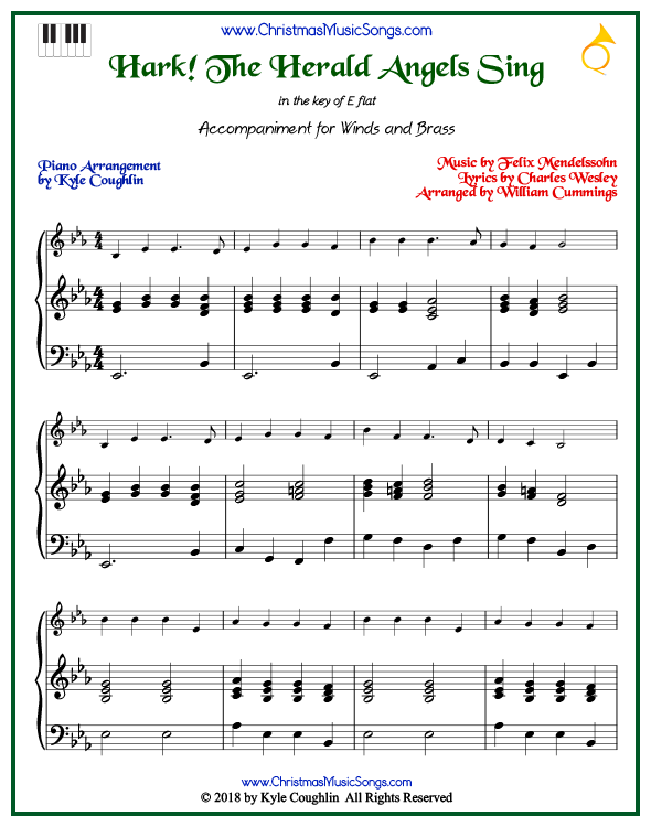 Hark! The Herald Angels Sing piano accompaniment to play along with all wind and brass arrangements on www.ChristmasMusicSongs.com. Free printable PDF.