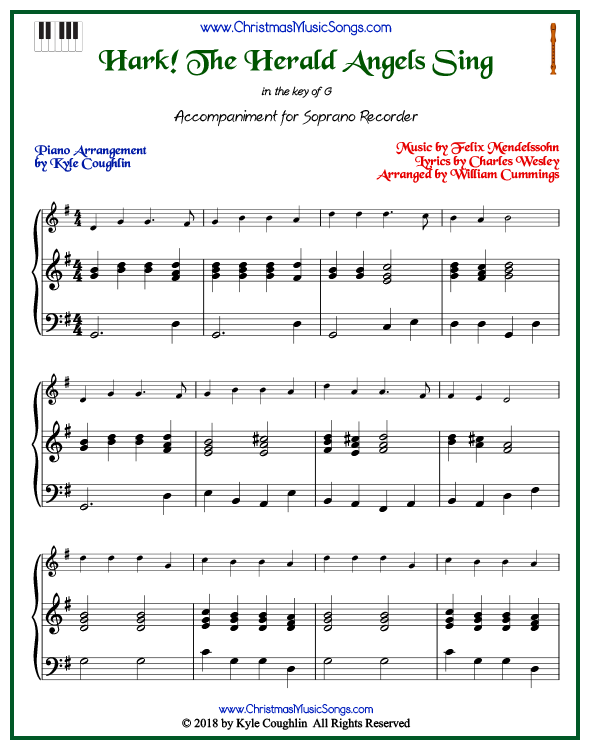 Hark! The Herald Angels Sing piano accompaniment to play along with the soprano recorder arrangement on www.ChristmasMusicSongs.com. Free printable PDF.