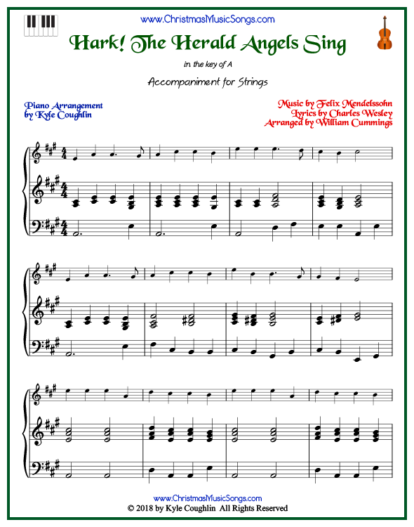 Hark! The Herald Angels Sing piano accompaniment to play along with all string and soprano recorder arrangements on www.ChristmasMusicSongs.com. Free printable PDF.