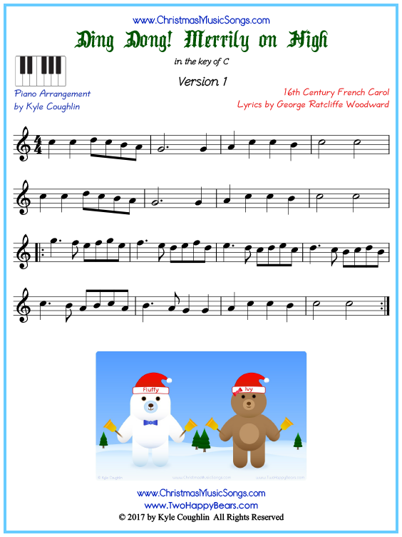 Beginner version of piano sheet music for Ding Dong! Merrily on High