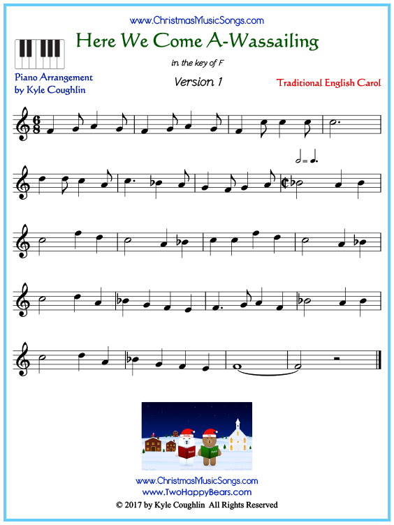 Beginner version of piano sheet music for Here We Come A-Wassailing