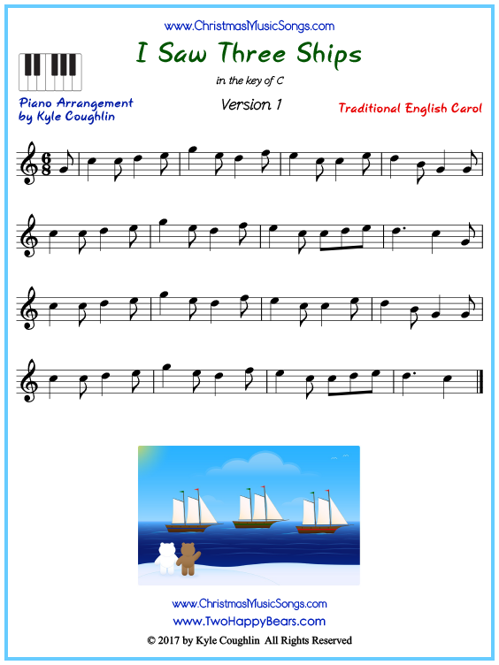 Beginner version of piano sheet music for I Saw Three Ships