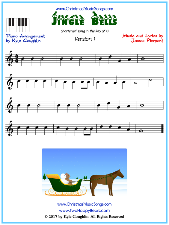 Beginner version of piano sheet music for Jingle Bells, short arrangement