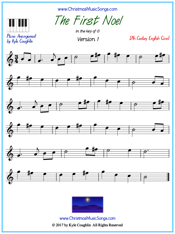 Beginner version of piano sheet music for The First Noel