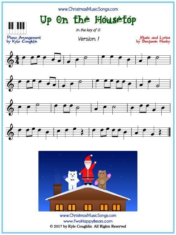 Beginner version of piano sheet music for Up On the Housetop