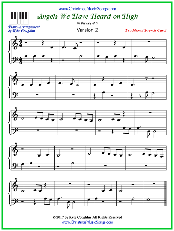 Easy version of piano sheet music for Angels We Have Heard on High