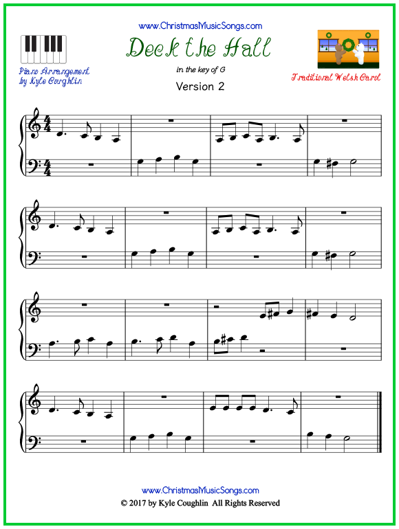 Easy version of piano sheet music for Deck the Hall