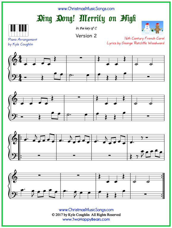 Easy version of piano sheet music for Ding Dong! Merrily on High