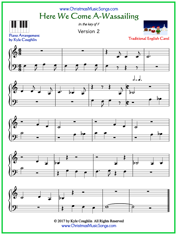 Easy version of piano sheet music for Here We Come A-Wassailing
