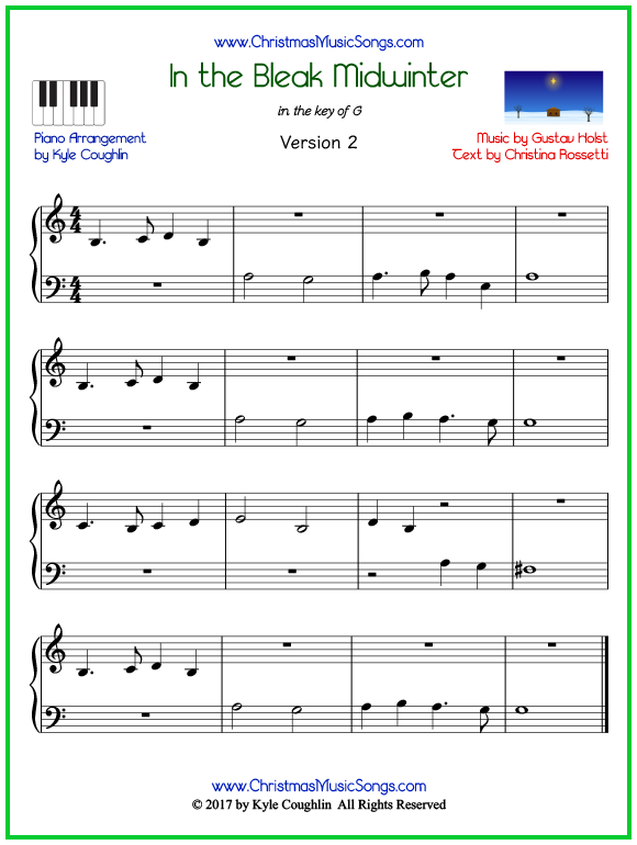 Easy version of piano sheet music for In the Bleak Midwinter
