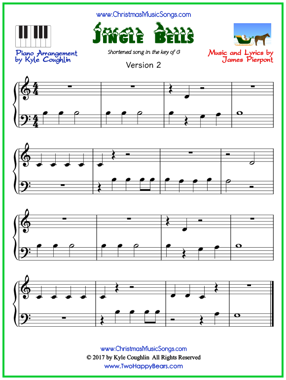 Easy version of piano sheet music for Jingle Bells, short arrangement