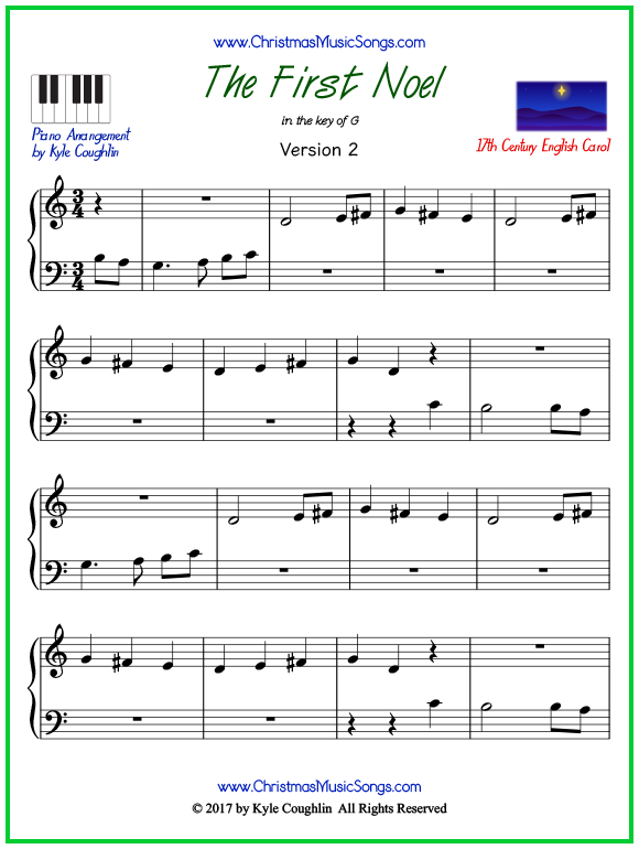 Easy version of piano sheet music for The First Noel