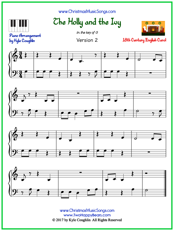 Easy version of piano sheet music for The Holly and the Ivy