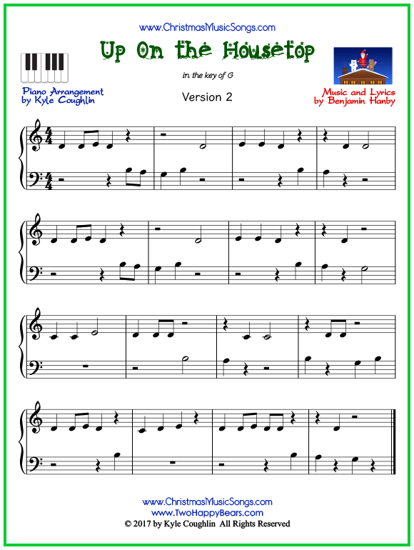Easy version of piano sheet music for Up On the Housetop