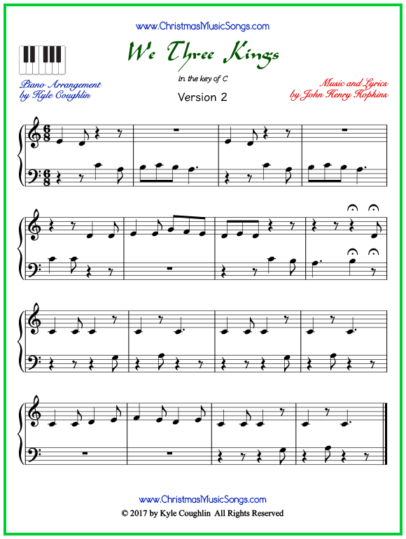Easy version of piano sheet music for We Three Kings