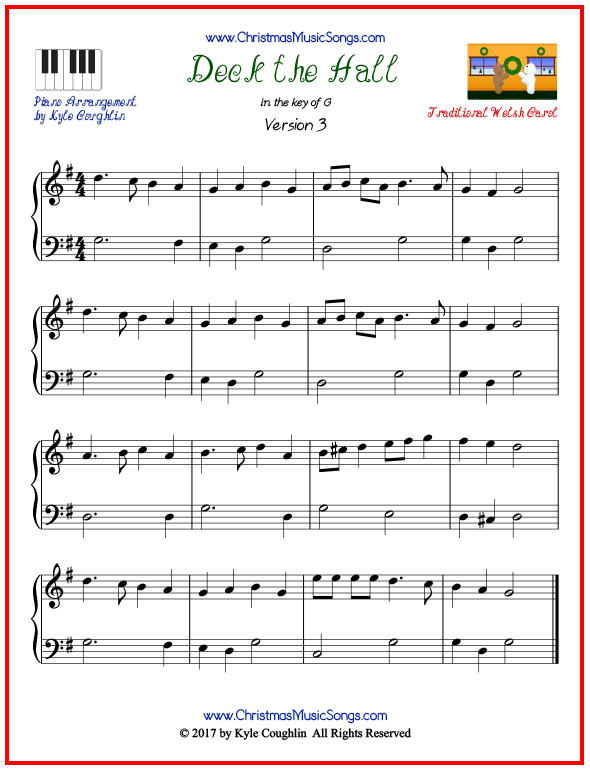 Simple version of piano sheet music for Deck the Hall