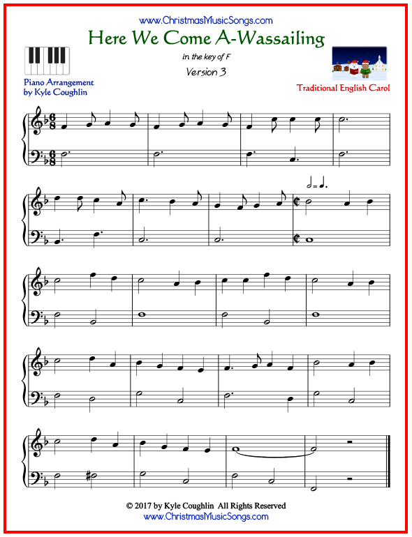 Simple version of piano sheet music for Here We Come A-Wassailing