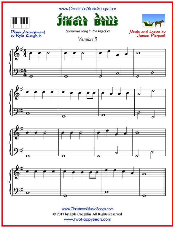 Simple version of piano sheet music for Jingle Bells, short arrangement