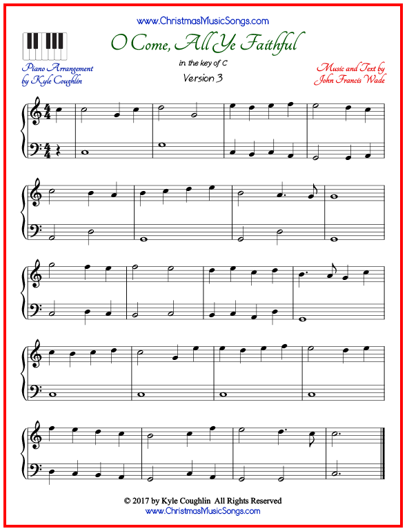 Simple version of piano sheet music for O Come, All Ye Faithful