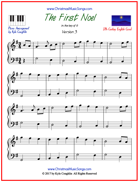 Simple version of piano sheet music for The First Noel