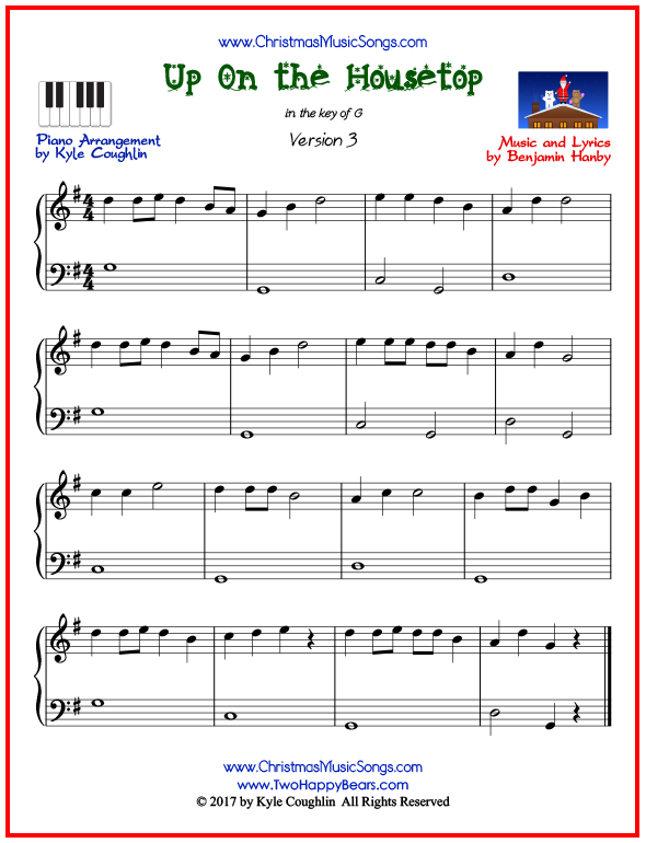 Simple version of piano sheet music for Up On the Housetop