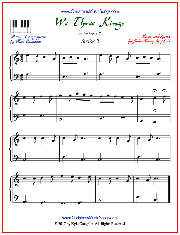 Simple version of piano sheet music for We Three Kings
