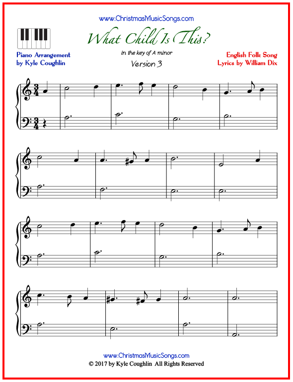 Simple version of piano sheet music for What Child Is This