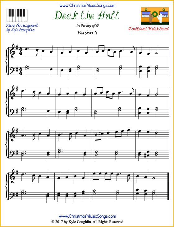 Intermediate version of piano sheet music for Deck the Hall. Free printable PDF.