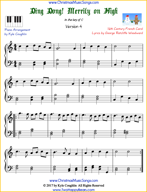Ding Dong! Merrily on High intermediate piano sheet music. Free printable PDF at www.ChristmasMusicSongs.com