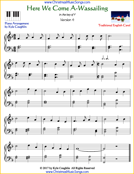 Here We Come A-Wassailing intermediate piano sheet music. Free printable PDF at www.ChristmasMusicSongs.com