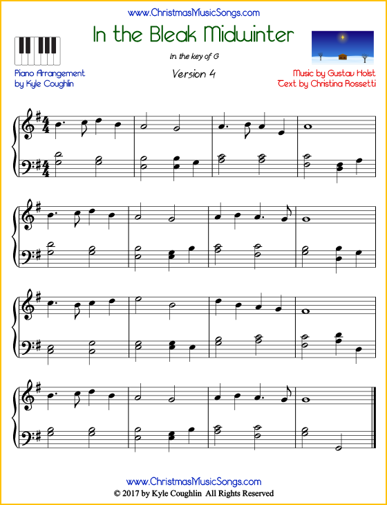 In the Bleak Midwinter intermediate piano sheet music. Free printable PDF at www.ChristmasMusicSongs.com