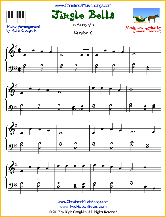 Jingle Bells full version intermediate piano sheet music. Free printable PDF at www.ChristmasMusicSongs.com