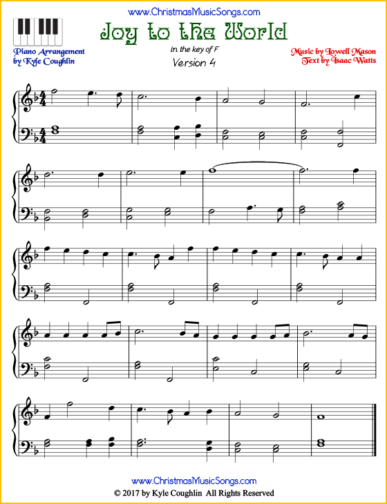 Joy to the World intermediate piano sheet music. Free printable PDF at www.ChristmasMusicSongs.com