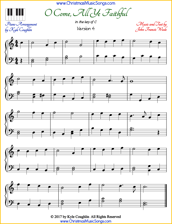 O Come, All Ye Faithful intermediate piano sheet music. Free printable PDF at www.ChristmasMusicSongs.com