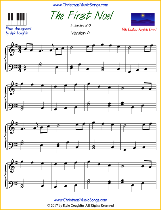 The First Noel intermediate piano sheet music. Free printable PDF at www.ChristmasMusicSongs.com