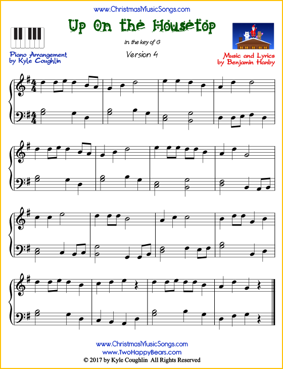 Up On the Housetop intermediate piano sheet music. Free printable PDF at www.ChristmasMusicSongs.com