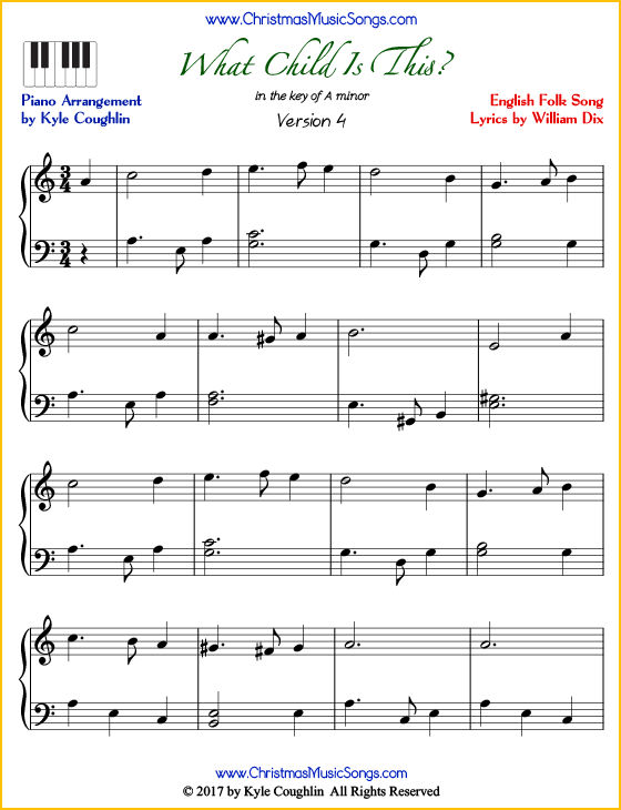 What Child Is This intermediate piano sheet music. Free printable PDF at www.ChristmasMusicSongs.com