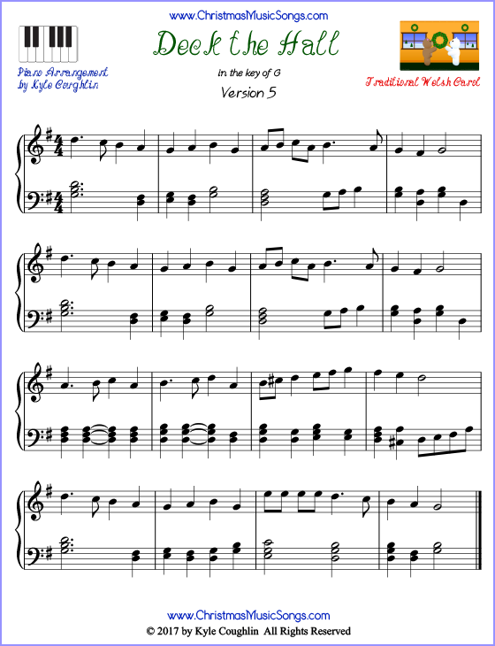 Advanced version of piano sheet music for Deck the Hall. Free printable PDF.