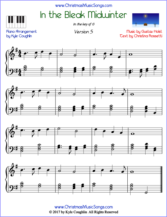 In the Bleak Midwinter advanced piano sheet music. Free printable PDF at www.ChristmasMusicSongs.com