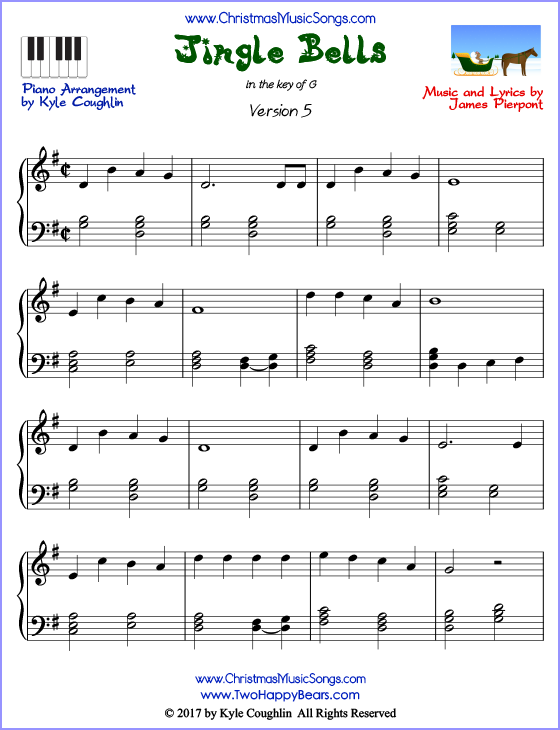 Jingle Bells full version advanced piano sheet music. Free printable PDF at www.ChristmasMusicSongs.com