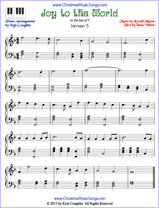 Joy to the World advanced piano sheet music. Free printable PDF at www.ChristmasMusicSongs.com